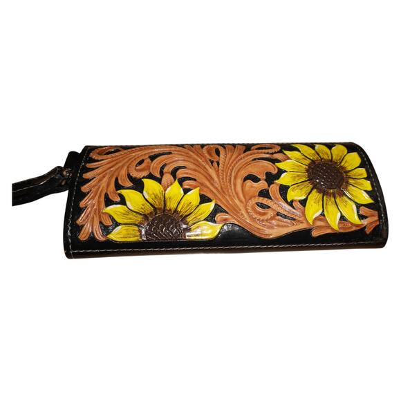 Hand Tooled Leather Sunflower Wallet Wristlet Black Brown Floral Western Boho - Picture 6 of 14